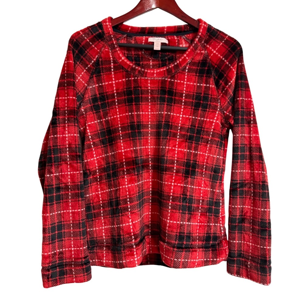 Mae Womens Red Black Plaid Fleece Pullover Sweatshirt Size Medium